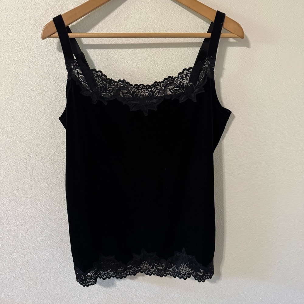 Coldwater Creek Velvet Lace Trim Cami Black Whimsigoth Fairycore Grunge-Small